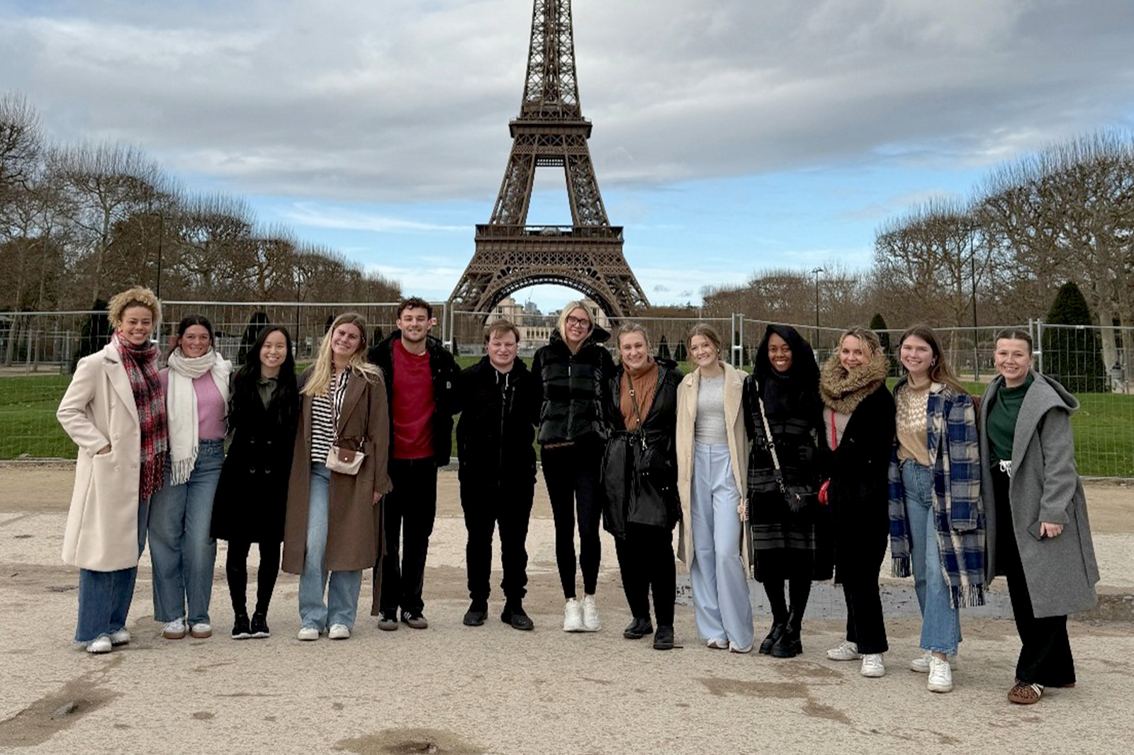 students in front of Eiffel Tower