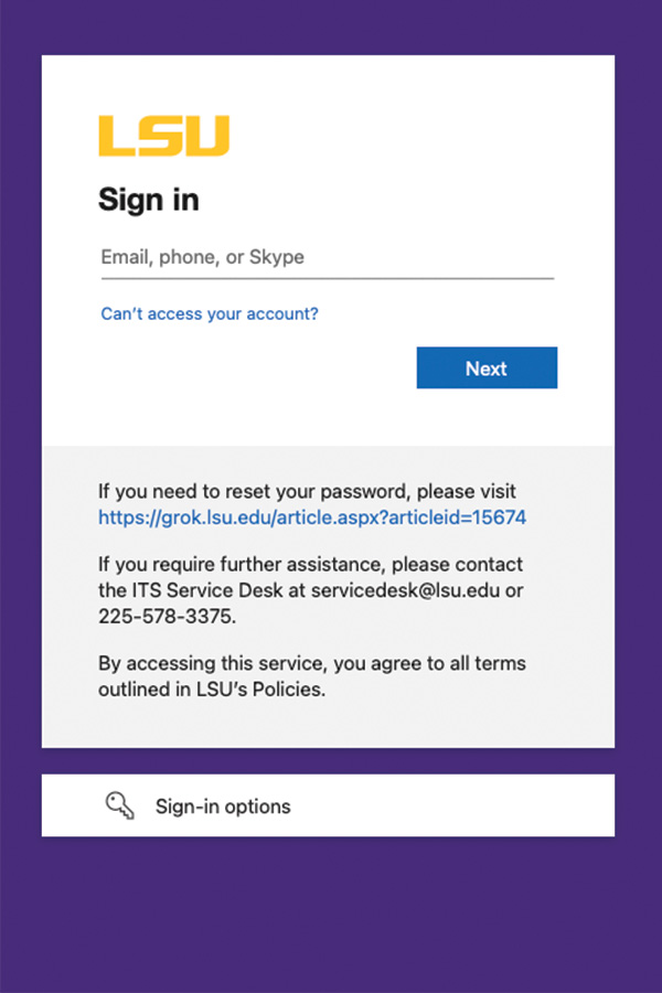 screen shot of LSU sign in page using LSU email