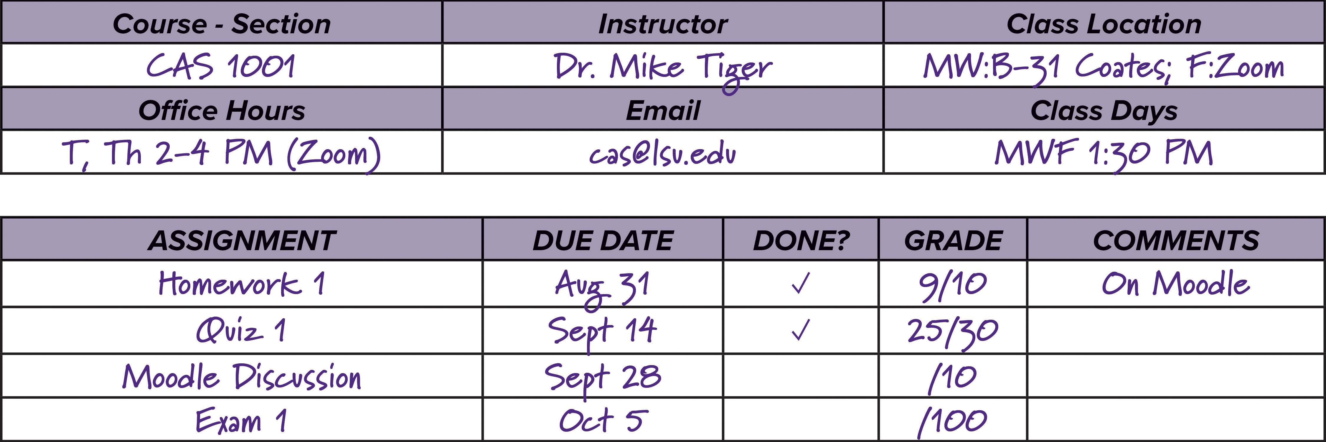 example of a filled out class organizer - accessible link below