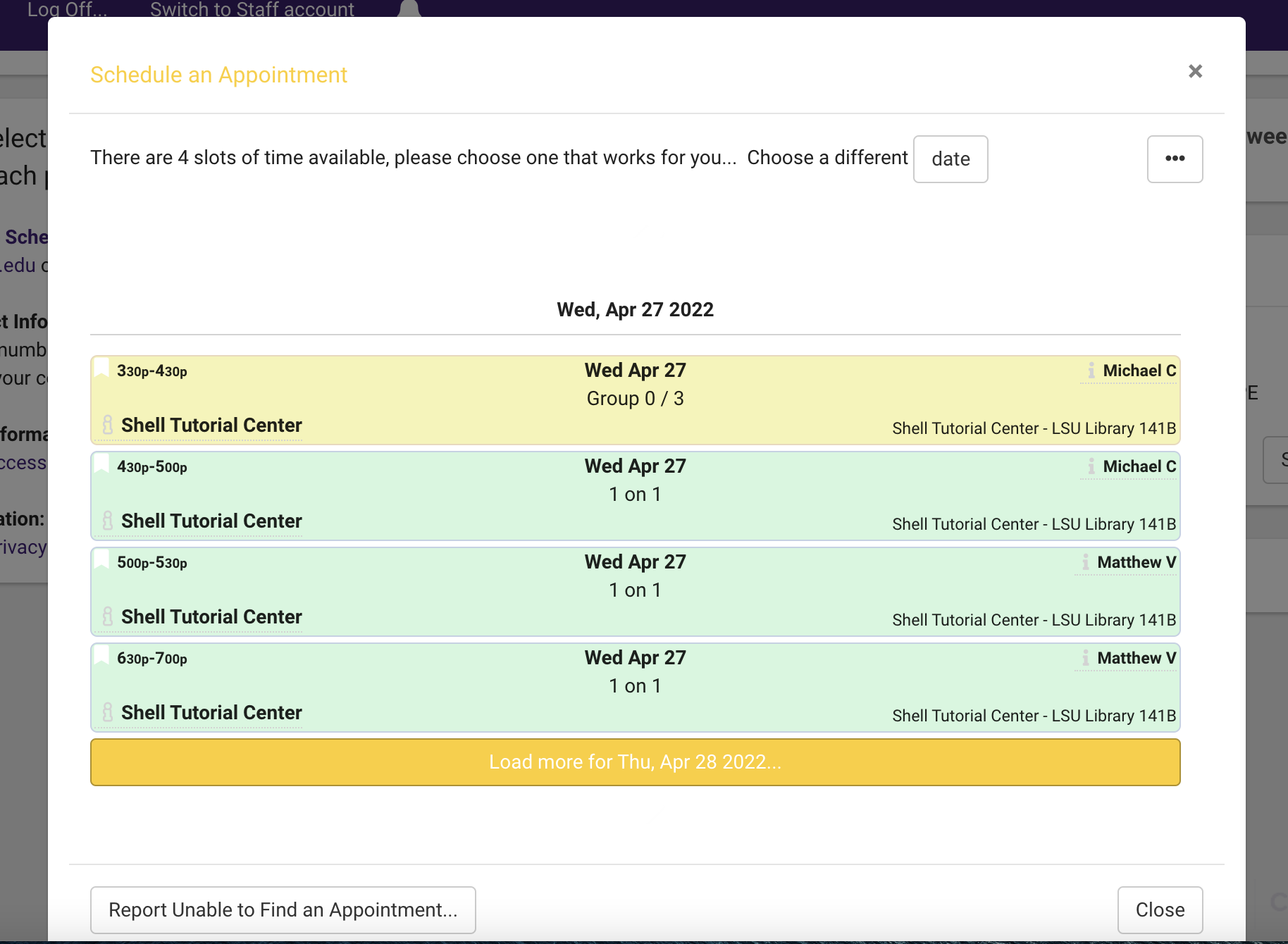 Search for an appointment example, with a list of avialble dates and times to select, with a down arrow that populates additional times.