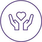 A purple icon of two hands holding a heart, enclosed in a circular border.