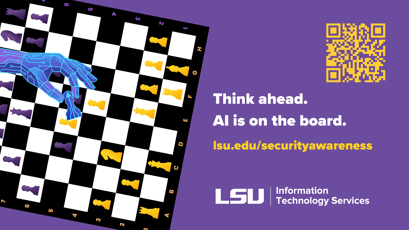 Think ahead. AI is on the board. chessboard on purple background.