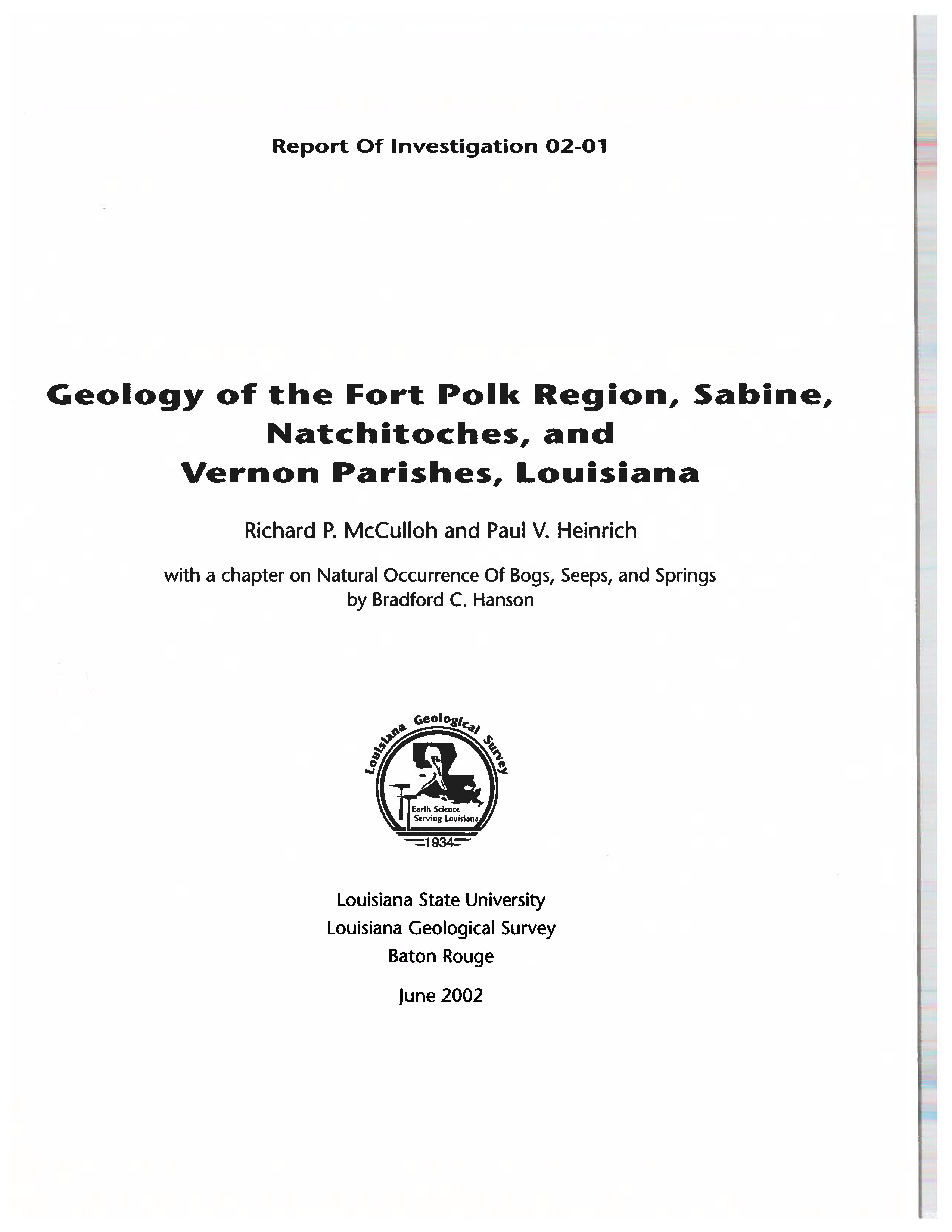 Geology of the Fort Polk Region, Sabine, Natchitoches, and Vernon Parishes, Louisiana