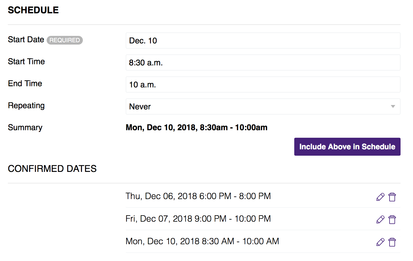 screencap of localist confirmed date listing